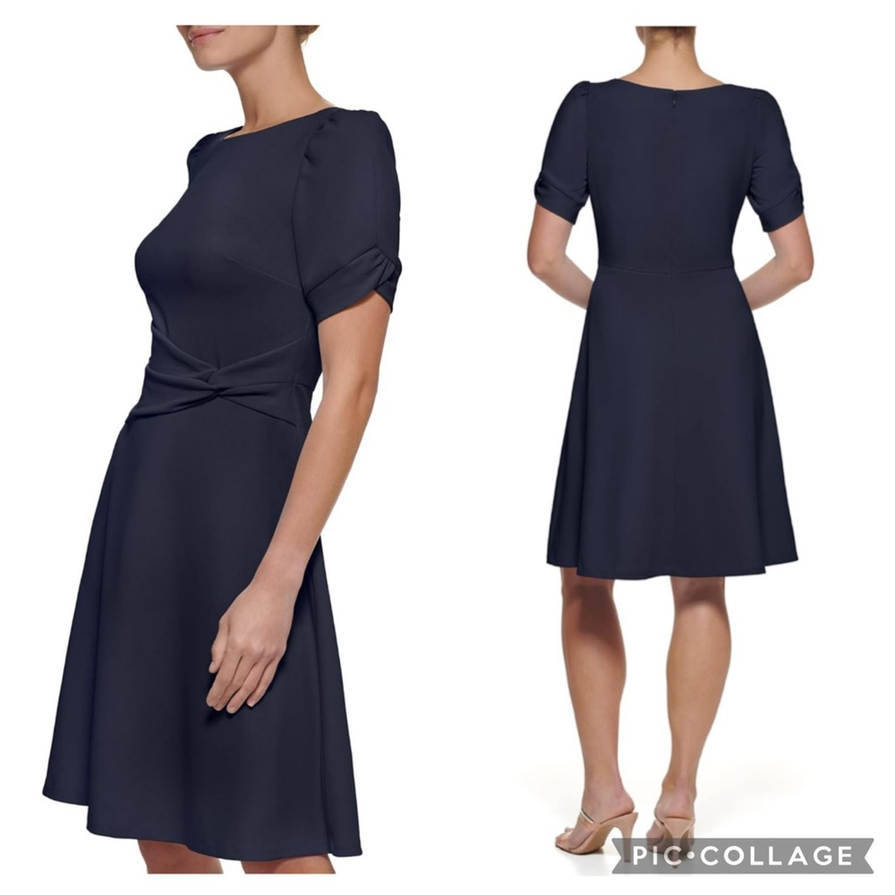 DKNY Twist Waist A-Line Fit‎ & Flare Dress Navy Blue 8